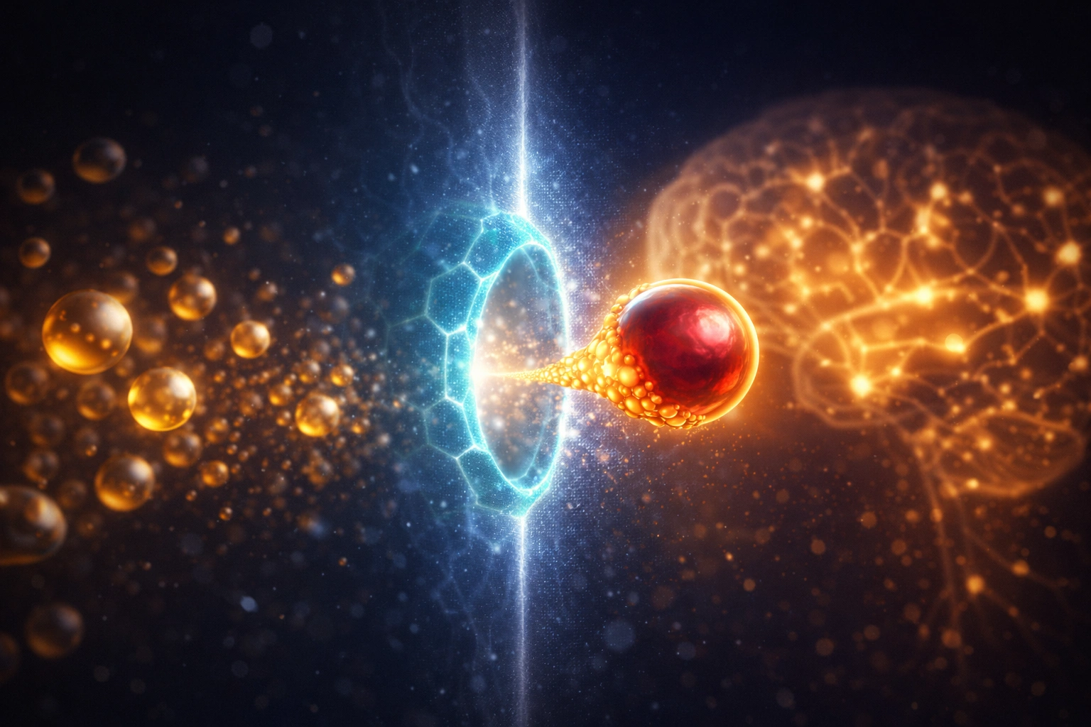 Scientific visualization showing a ruby-red LPC molecule with golden halo passing through a glowing cyan Mfsd2a gateway, with an illuminated golden neural network beyond — illustrating direct brain delivery