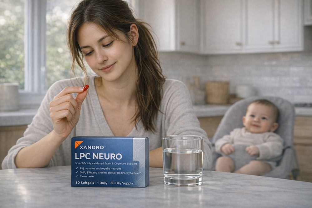 Scientific visualization showing a ruby-red LPC molecule with golden halo passing through a glowing cyan Mfsd2a gateway, with an illuminated golden neural network beyond — illustrating direct brain delivery